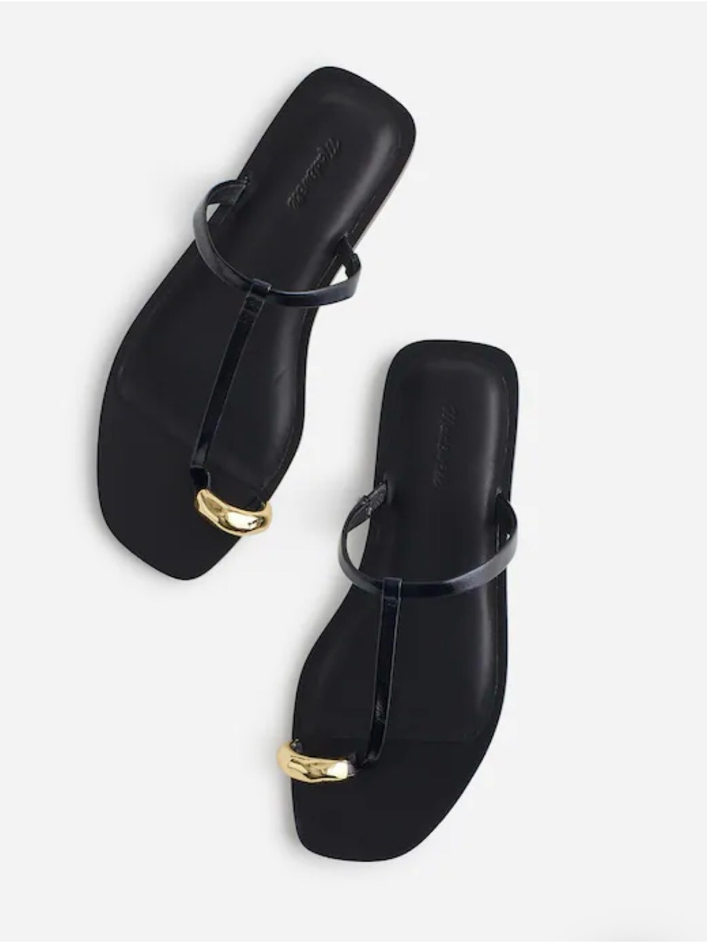 Madewell Black Leather T-Strap Sandals with Gold Accent
